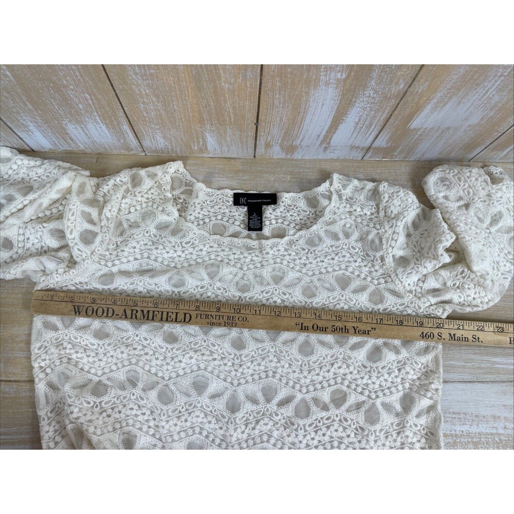 INC Ivory Lace Crochet Sheer Top Women's L 3/4 Sleeve *No Lining - Picture 6 of 7